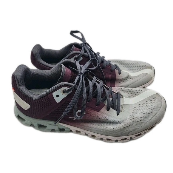 Once We Were Warriors Shoes - On Cloudflow Running Shoes Womens Size 8 Gray Maroon Athletic Lace Up Sneakers
